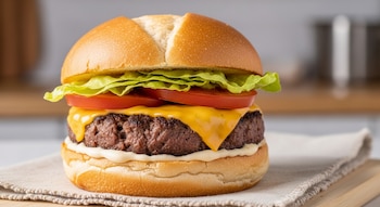 Hamburguesa clásica servida en pan de chipá con medallón de carne, queso tybo fundido, lechuga, tomate y mayonesa criolla en una tabla de madera.