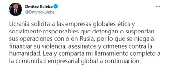 El tweet oficial de Kuleba
