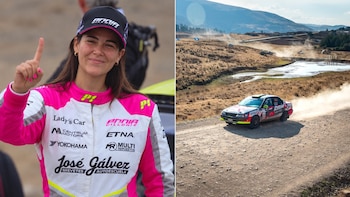 Composición con la piloto Annia Cillóniz a la izquierda y un automóvil de carrera sobre una ruta de tierra a la derecha