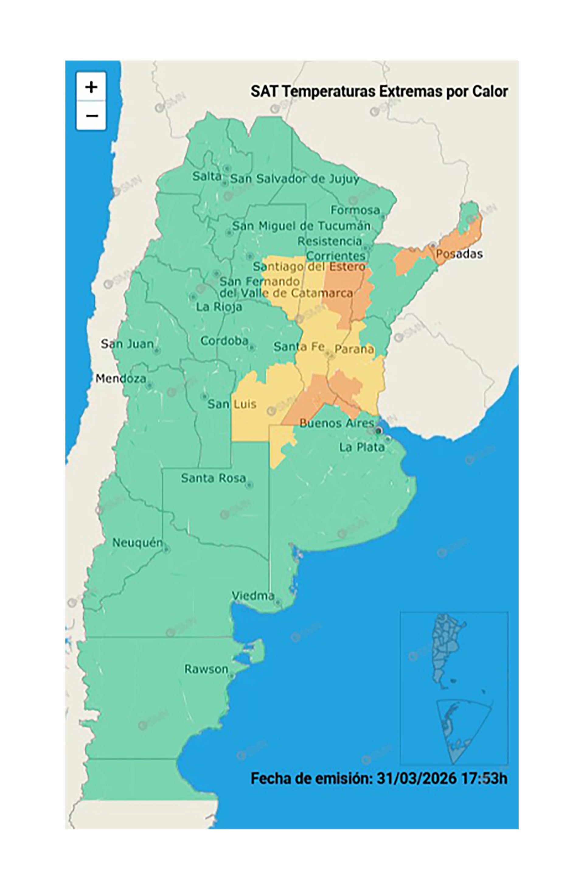 Mapa de Argentina mostrando alertas por temperaturas extremas de calor del Servicio Meteorológico Nacional, con varias provincias en niveles amarillo y naranja. (SMN)