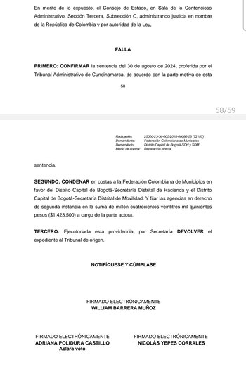 El Consejo de Estado falló definitivamente a favor de Bogotá en un litigio que llevaba más de dos décadas con Fedemunicipios - crédito @CarlosFGalan/X