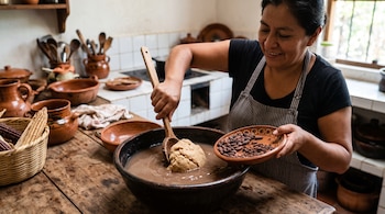 Una mujer mezcla masa en un recipiente de barro con una cuchara de madera mientras sostiene un plato con granos de cacao.