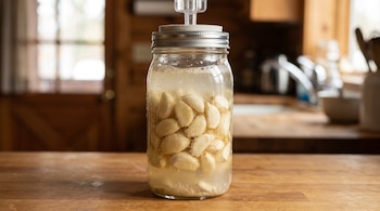 Frasco de vidrio transparente lleno de dientes de ajo pelados en líquido, con tapa metálica y esclusa de aire de plástico transparente, sobre mesa de madera.