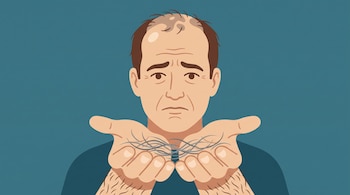 Ilustración vectorial de un hombre con entradas en el cabello sosteniendo hebras de pelo caído sobre sus palmas.
