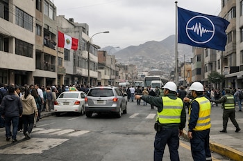 Vista de una calle urbana peruana con edificios, personas evacuando y vehículos detenidos. Dos brigadistas con chalecos reflectantes dirigen a la multitud. Se ven banderas de Perú y del IGP.