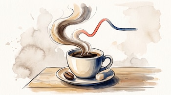 Taza blanca de café sobre un plato con un grano y un terrón de azúcar, de la cual sale vapor en forma de gráfico lineal.