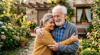 Un anciano de cabello blanco y barba abraza a una mujer de mediana edad en un jardín junto a una casa de piedra.