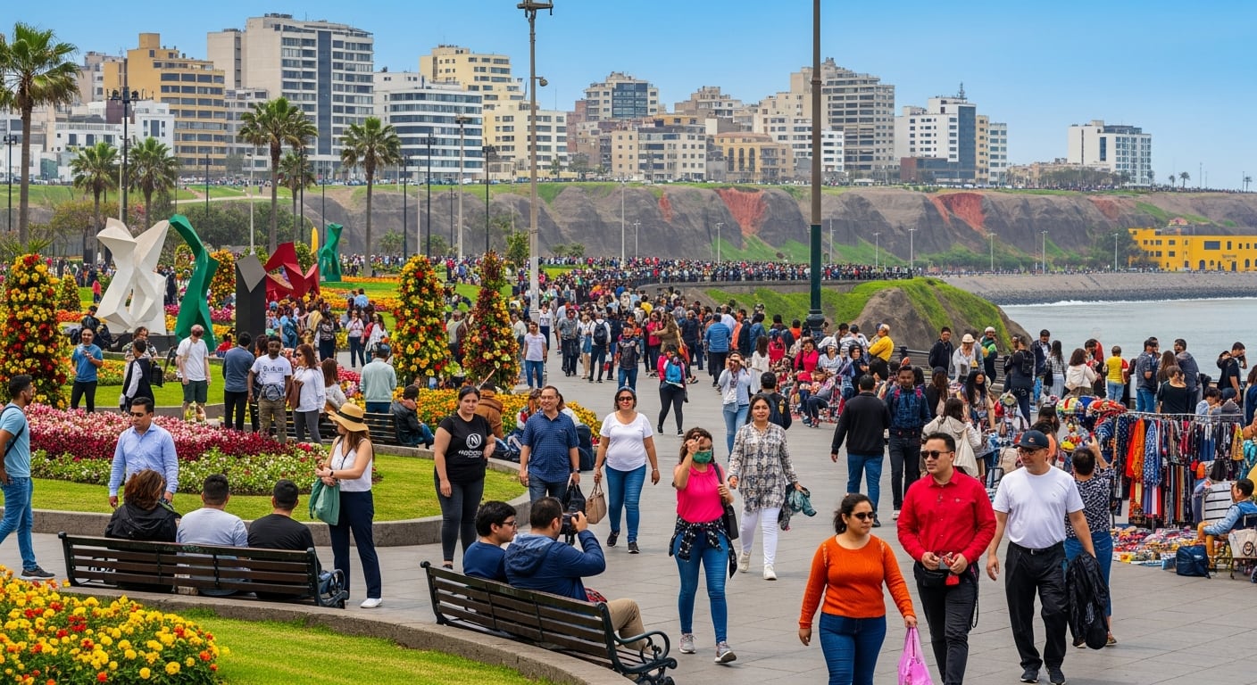 Cientos de turistas y residentes disfrutan de un día soleado en el popular malecón de Miraflores, Lima, paseando entre coloridas flores y esculturas, con vistas al océano Pacífico y la ciudad. (Imagen Ilustrativa Infobae)