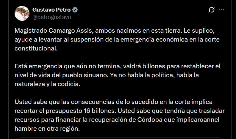 Presidente Petro solicitó apoyo del magistrado Camargo para enfrentar crisis por lluvias
- crédito @petrogustavo/X