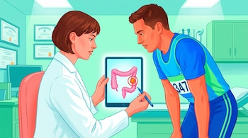 Ilustración de médico con guardapolvo blanco mostrando en tablet un colon rosa con pólipo naranja a corredor con ropa deportiva azul en consultorio.