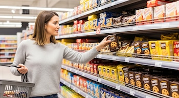 Mujer con jersey gris y cabello castaño claro, sosteniendo una cesta, toma un paquete de galletas dulces de un estante en un supermercado.