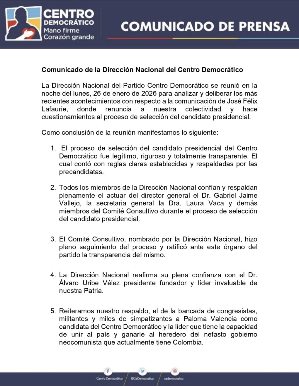El partido Centro Democrático había lamentado la renuncia de José Félix Lafaurie, agradeciendo su servicio en el partido - crédito Centro Democrático