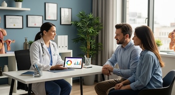 Una doctora con bata blanca muestra gráficas de fertilidad en una tablet a una pareja sentada frente a ella en un consultorio médico.