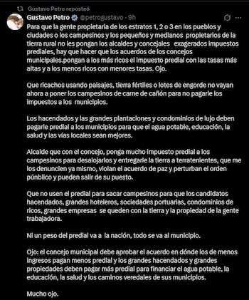 Mensaje de Gustavo Petro en el que pide ajustar el impuesto predial para reducir la carga a campesinos y aumentarla a grandes propietarios - crédito Gustavo Petro/X