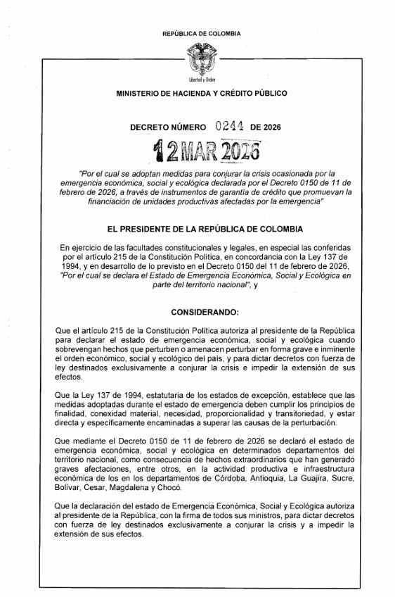 El Fondo Nacional de Garantías respaldará hasta el 90% de los nuevos créditos en las regiones de emergencia, con el costo de la garantía a cargo del Estado- crédito Ministerio de Hacienda