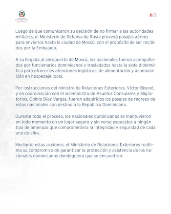 El titular de Relaciones Exteriores y el viceministro de Asuntos Consulares coordinaron el traslado de los compatriotas desde la capital rusa hasta República Dominicana tras su decisión de no incorporarse.