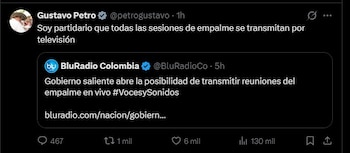 Gustavo Petro expresó su respaldo a que todas las sesiones del empalme entre gobiernos sean transmitidas en vivo por televisión para garantizar la transparencia del proceso - crédito Gustavo Petro/X