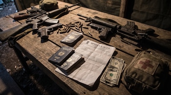 Mesa de madera con fusiles, pistolas, municiones, pasaportes salvadoreños, un contrato, billetes de dólares y un botiquín médico.