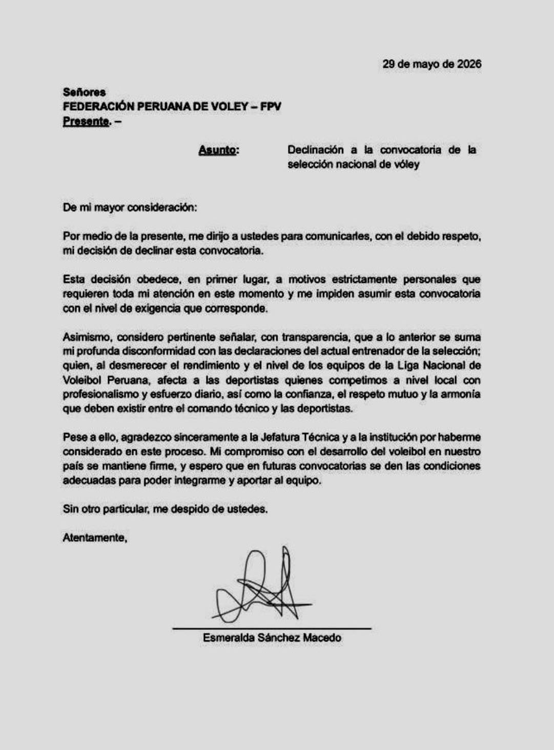 Esmeralda Sánchez dejó la selección peruana por motivos personales y declaraciones de Antonio Rizola.