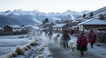 Personas con vestimenta tradicional y alpacas caminan por un camino helado en un pueblo andino con casas rústicas y montañas nevadas al fondo.