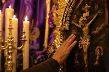 Una mano toca una imagen religiosa enmarcada en dorado junto a un candelabro con velas encendidas sobre un fondo de tela morada.