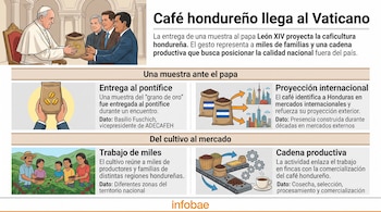 Infografía sobre el café de Honduras con ilustraciones de la entrega al papa, familias agricultoras, sacos de granos y un diagrama de producción.