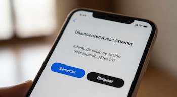 Pantalla de móvil muestra mensaje 'Intento de inicio de sesión desconocido. ¿Eres tú?' con botones 'Denunciar' y 'Bloquear'. Texto en inglés 'Unauthorized Access Attempt'.