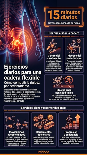 Infografía muestra anatomía de cadera, ejercicios recomendados, herramientas opcionales y progresión para combatir la rigidez por sedentarismo.