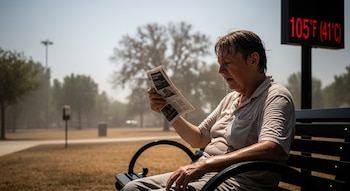 Una persona, visiblemente sudando, está sentada en un banco de parque sujetando un periódico. Un cartel digital rojo en el fondo muestra 105°F (41°C).