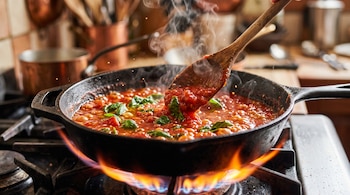 Sartén de hierro sobre fuego con salsa de tomate hirviendo, hojas de albahaca y una cuchara de madera que remueve el contenido.