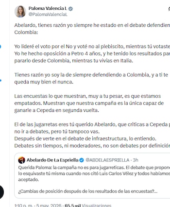 La candidata Paloma Valencia señaló a Abelardo de la Espriella de debatir sin tiempos ni moderadores - crédito @PalomaValenciaL/X