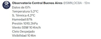 Publicación digital con logotipo del Servicio Meteorológico Nacional. Incluye texto del Observatorio Central Buenos Aires, temperatura, humedad, presión y viento