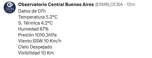 El Observatorio Central Buenos Aires publica los datos meteorológicos de las 07:00 con una temperatura de 5.2°C y cielo despejado. (Servicio Meteorológico Nacional)