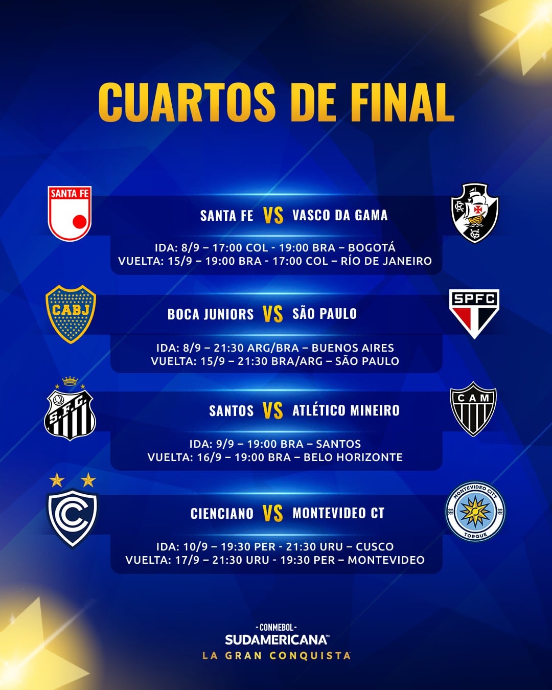 Programación de los cuartos de final de la Copa Sudamericana 2026. Crédito: X Conmebol Sudamericana.