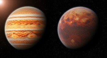 Imagen de dos cuerpos celestes en el espacio: un planeta gigante gaseoso anaranjado a la izquierda y una enana marrón rojiza a la derecha, ambos iluminados por una estrella.