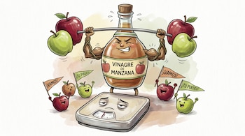 Una caricatura de una botella de vinagre de manzana musculosa levanta pesas de manzanas sobre una báscula con cara, mientras pequeñas manzanas con banderines la animan.