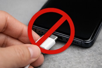 Primer plano de una mano sosteniendo un cable USB-C blanco cerca de un puerto de carga de un celular Android oscuro, con un símbolo de prohibición rojo.