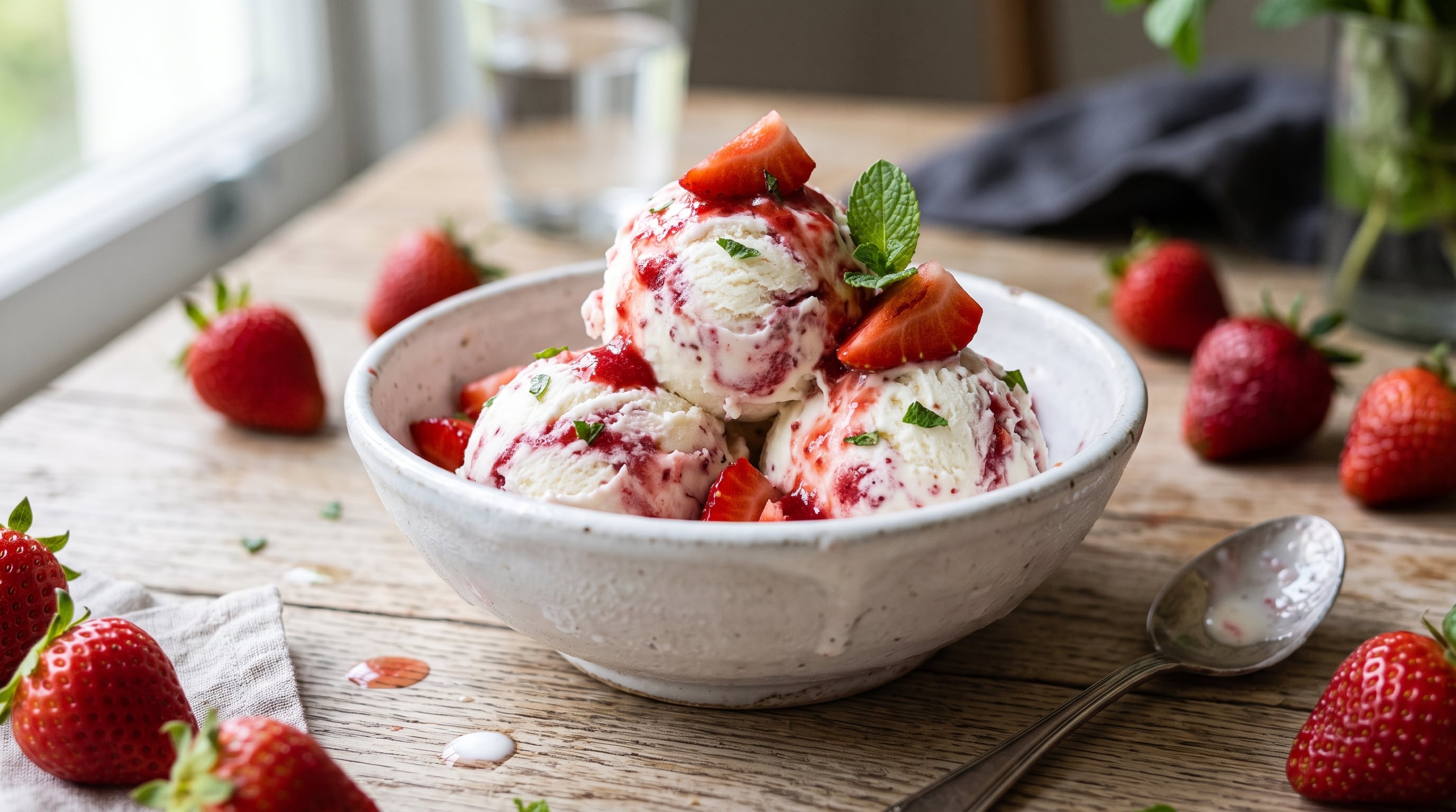 El helado de yogur griego con frutillas y crema combina yogur griego, frutillas, crema de leche, azúcar, esencia de vainilla y jugo de limón (Imagen Ilustrativa Infobae)