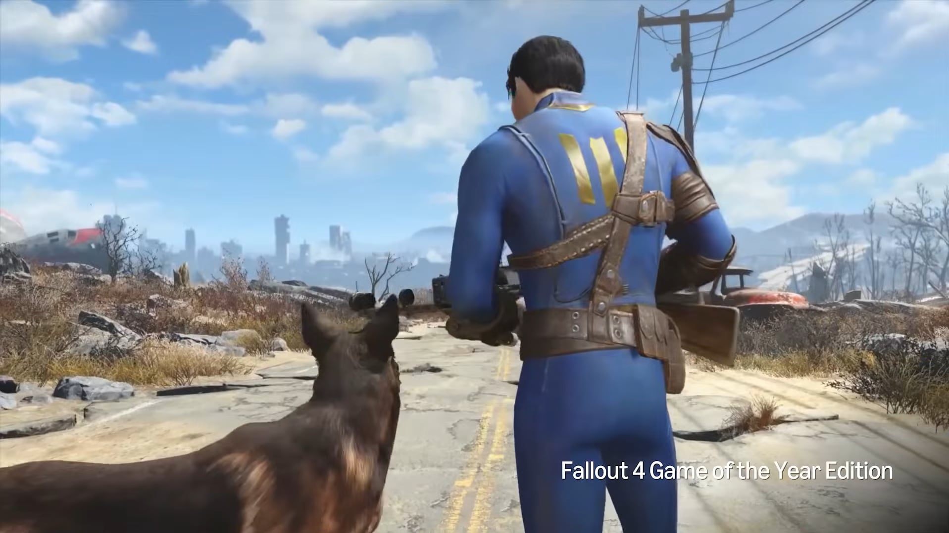 Un personaje del videojuego Fallout 4 Game of the Year Edition, junto a un perro, observa un paisaje urbano posapocalíptico. (YouTube: Amazon Luna)