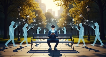 Hombre sentado en un banco mirando su teléfono; figuras humanas translúcidas caminan con móviles, conectadas por una red de iconos digitales en un parque urbano.