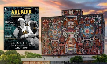 Cartel de la muestra cinematográfica Arcadia a la izquierda y mural de la Biblioteca Central de la UNAM en la parte derecha