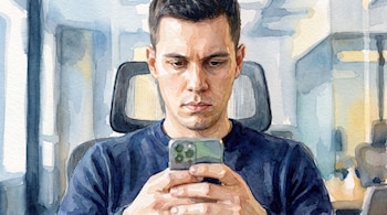 Hombre, teléfono móvil con múltiples cámaras, camisa azul, silla de oficina, fondo con ventanas y paneles abstractos. Estilo acuarela.