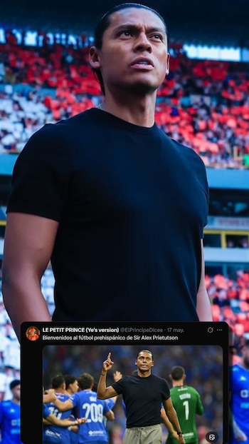 Primer plano de Joel Huiqui, un hombre de tez morena con el cabello recogido, vistiendo camiseta negra, mirando hacia arriba en un estadio lleno de público