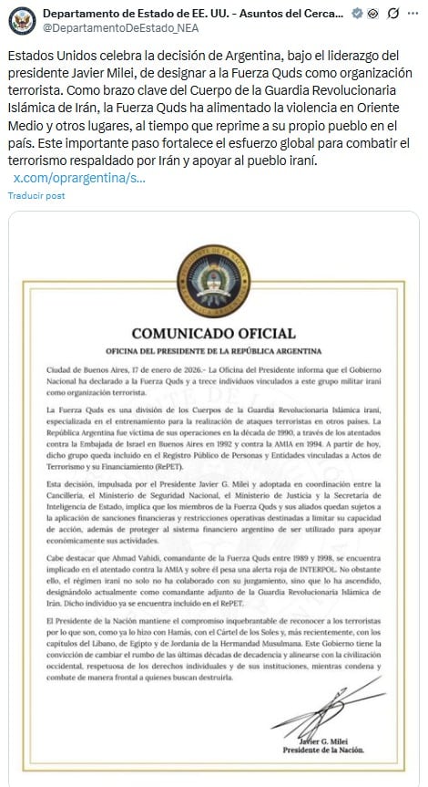 Estados Unidos respaldó la decisión del gobierno argentino de declarar organización terrorista a la Fuerza Quds por su vinculación con el terrorismo respaldado por Irán