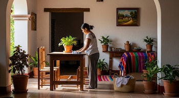 Mujer limpia una mesa de madera con un paño azul. Plantas en macetas, muebles, un cuadro, canasta con ropa, luz solar. Interior de casa.