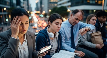 Grupo de cinco personas en un entorno urbano al atardecer. Una mujer se toca la frente con los ojos cerrados, otra mira un móvil, y un hombre revisa su reloj.