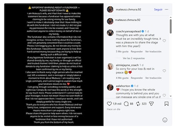 Captura de pantalla de una publicación de Instagram con un texto en inglés sobre fondo negro y una sección de comentarios al lado derecho