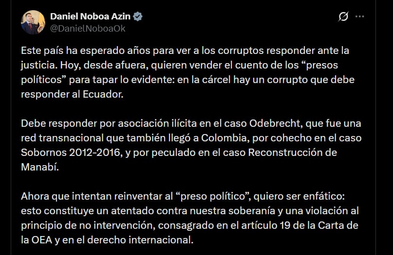 Daniel Noboa señaló que discurso de “preso político” constituye a “un atentado” contra la soberanía de Ecuador - crédito @DanielNoboaOk/X