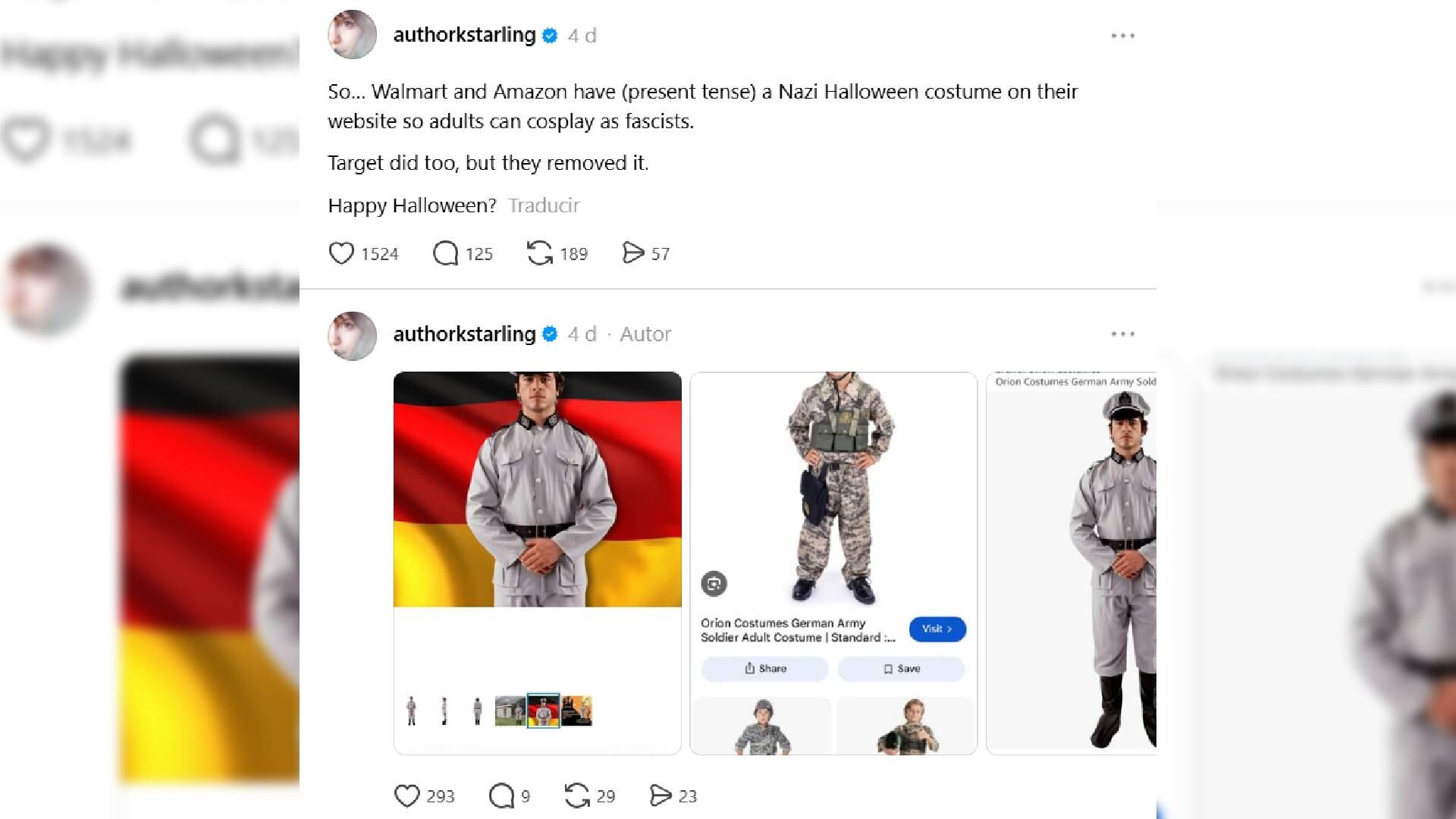 El disfraz de soldado alemán de Halloween fue cuestionado por su similitud con los uniformes de soldados alemanes de la Segunda Guerra Mundial.