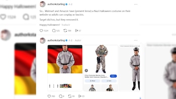 Captura de pantalla de dos publicaciones en redes sociales con texto en inglés e imágenes de catálogos de disfraces de soldados